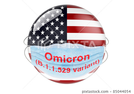 Omicron Covid-19 variant B.1.1.529 in the USA, concept. The United States flag with medical mask. 3D rendering Omicron Covid-19 variant B.1.1.529 in the USA, concept. The United States flag with medical mask. 3D rendering 85044054