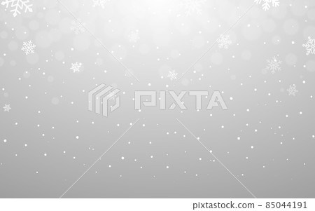 Snow Christmas background. White snowflakes on silver backdrop. Festive flakes and bokeh elements. Minimal winter texture for a greeting card. Vector illustration Snow Christmas background. White snowflakes on silver backdrop. Festive flakes and bokeh elements. Minimal winter texture for a greeting card. Vector illustration 85044191