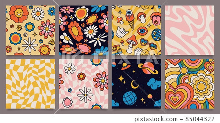 Retro 70s psychedelic seamless patterns, groovy hippie backgrounds. Cartoon funky print with flowers and mushrooms, hippy pattern vector set 85044322