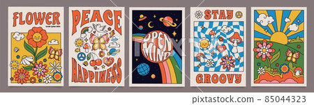 70s groovy posters, retro print with hippie elements. Cartoon psychedelic landscape with mushrooms and flowers, vintage funky print vector set 85044323