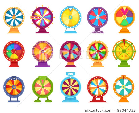 Fortune wheels, spinning roulette, lucky spin game. Casino gambling wheel, colorful turning roulette, jackpot lottery games flat vector set Fortune wheels, spinning roulette, lucky spin game. Casino gambling wheel, colorful turning roulette, jackpot lottery games flat vector set 85044332