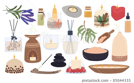 Aromatherapy and spa elements, scented candles, essential oils. Mineral salts, candle with herbs, aroma diffusers for relaxation vector set 85044335