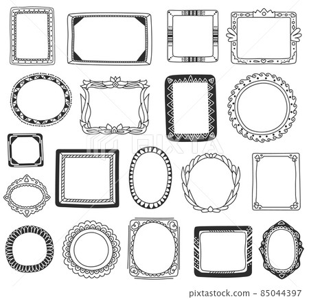 Hand drawn photo frames, picture frame doodles. Decorative borders, vintage doodle border with ornaments, scrapbooking element vector set Hand drawn photo frames, picture frame doodles. Decorative borders, vintage doodle border with ornaments, scrapbooking element vector set 85044397