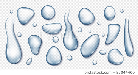 Realistic condensation water drops, dripping raindrops and tears. Clean liquid droplets, transparent waterdrops in different shapes vector set Realistic condensation water drops, dripping raindrops and tears. Clean liquid droplets, transparent waterdrops in different shapes vector set 85044400