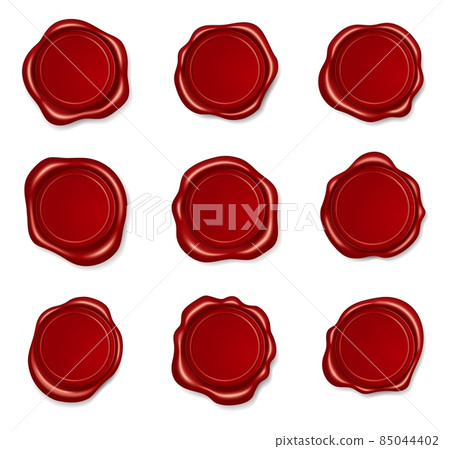 Realistic red wax seal, round sealing stamps. Embossing envelope stamp for envelope or certificate, medieval sealed letter label vector set 85044402