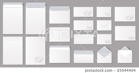 Realistic paper envelopes, white blank mailing envelope with letter. Open and closed envelopes in different sizes vector mockup set 85044404