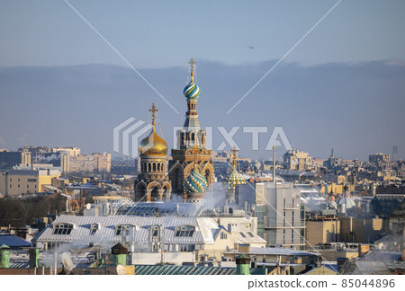 Domes and crosses of the church were Saved on Blood on frosty winter day. 85044896