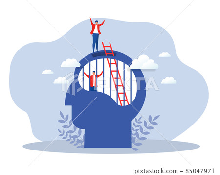 Enslaved business man with lack of creative freedom of thought with growth mindset climbing stair out from brain human vector illustrator 85047971