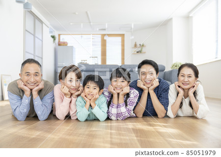 Smiley three-generation family Grandparents Parents Grandchildren Portrait 85051979