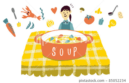 Illustration of a pot with soup made by mom and ingredients 85052234