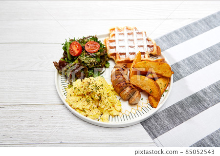 Salad, Waffles, Sausage, French Fries, Scrambled Eggs Salad, Waffles, Sausage, French Fries, Scrambled Eggs 85052543