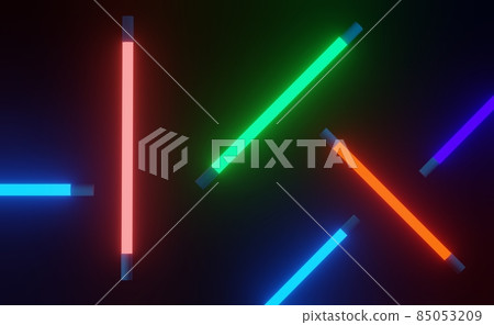 3d render of RGB neon light on darkness background. Abstract Laser lines show at night. Ultraviolet spectrum beam scene 85053209