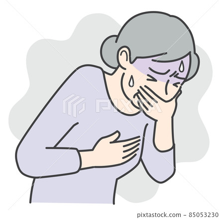 Senior woman who feels uncomfortable and is likely to vomit 85053230
