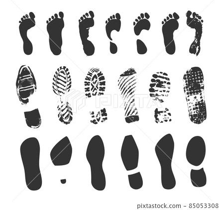 Footprint icon. Human barefoot or shoes footsteps. Foot track silhouettes. Boot and sneaker sole prints. Footwear trail shapes. Leg traces collection. Feet imprint. Vector symbol set 85053308