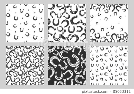 Horseshoe pattern. Seamless print with black silhouette of horse foot shoe equipment, retro lucky symbol. Decorative texture collection. Decor textile, wrapping paper, wallpaper vector print 85053311