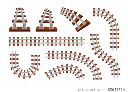 Train rails. Top view of railroad for cargo locomotives, subway and tram. Transport route travel symbol. Turns and straight railway parts. Vector metal railings and wooden sleepers set Train rails. Top view of railroad for cargo locomotives, subway and tram. Transport route travel symbol. Turns and straight railway parts. Vector metal railings and wooden sleepers set 85053314