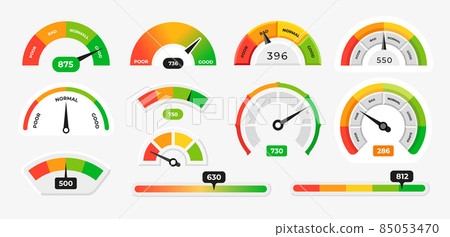 Score meter. Speedometer gauge indicator. Energy efficiency and consumer satisfaction rate measure UI. Indication lines. Dial with arrows and scale. Vector effectiveness graphs set 85053470