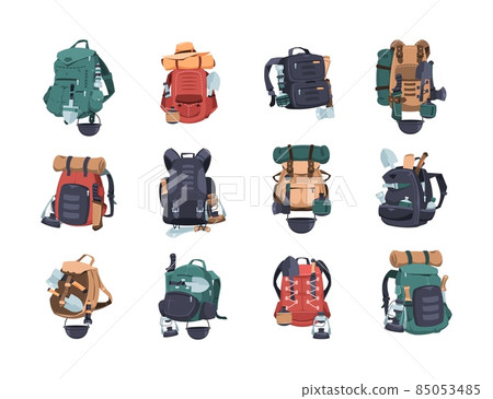 Hiking bags. Camping and travel rucksack for mountain hiking and expedition. Military adventure knapsack. Active outdoor leisure haversacks. Camper baggage. Vector retro backpacks set 85053485