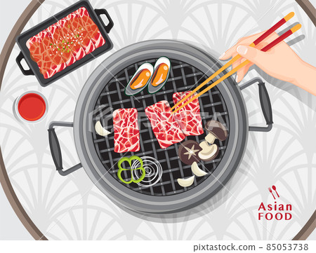 Korea pork bbq food, Grilled Sirloin on a plate, meat slide grill buffet Korea pork bbq food, Grilled Sirloin on a plate, meat slide grill buffet 85053738