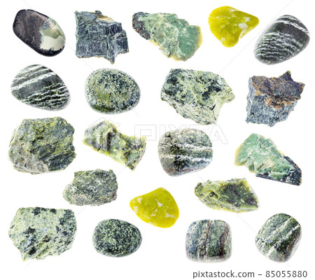 set of various serpentine stones cutout on white set of various serpentine stones cutout on white 85055880