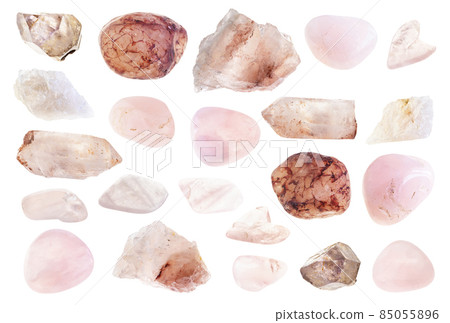 set of various rose quartz stones cutout on white set of various rose quartz stones cutout on white 85055896