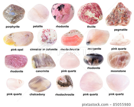 set of various unpolished pink stones with names 85055980