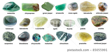 set of various tumbled green stones with names 85055991