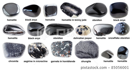 set of various polished black stones with names 85056001