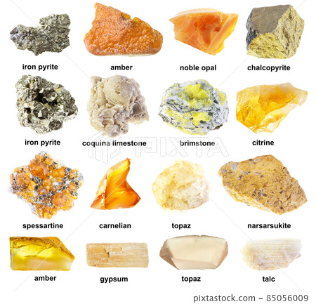 set of various raw yellow stones with names cutout 85056009