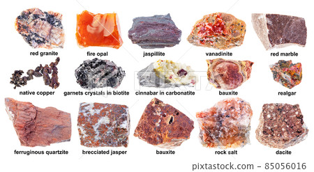set of various raw red stones with names cutout 85056016