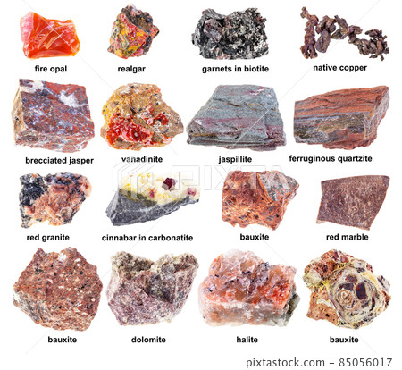 set of various unpolished red stones with names 85056017