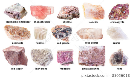set of various unpolished pink rocks with names 85056018