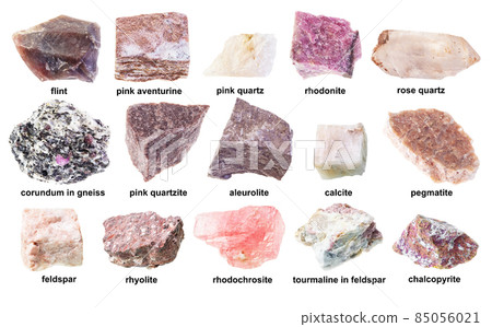 set of various unpolished pink stones with names 85056021