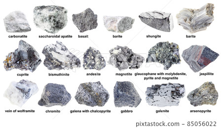 set of various unpolished gray stones with names 85056022