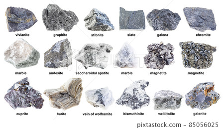 set of various raw gray stones with names cutout 85056025