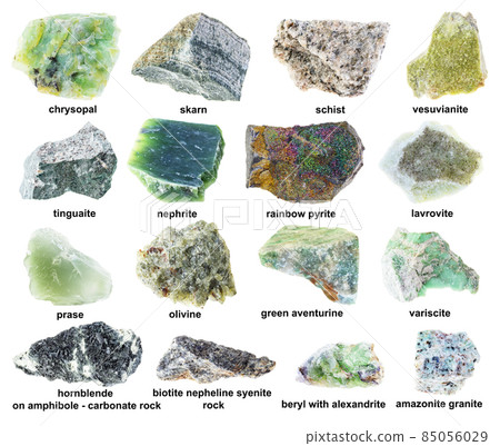 set of various rough green stones with names 85056029