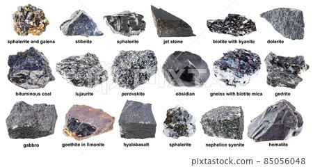 set of various raw black rocks with names cutout 85056048