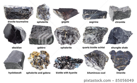 set of various raw black stones with names cutout 85056049