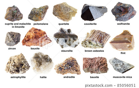 set of various brown rough minerals with names 85056051