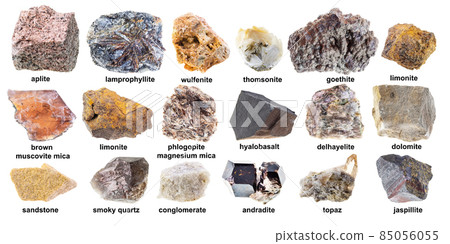 set of various brown raw minerals with names 85056055