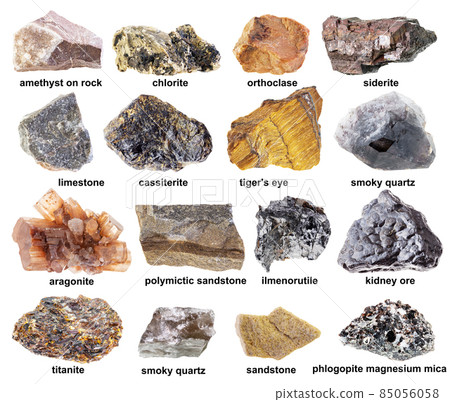 set of various brown unpolished stones with names 85056058