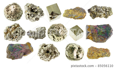 set of various iron pyrite stones cutout on white set of various iron pyrite stones cutout on white 85056110