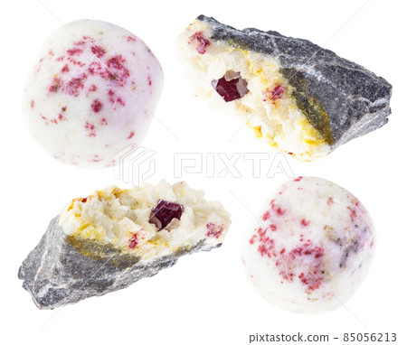 set of Cinnabar crystals in rocks cutout on white set of Cinnabar crystals in rocks cutout on white 85056213