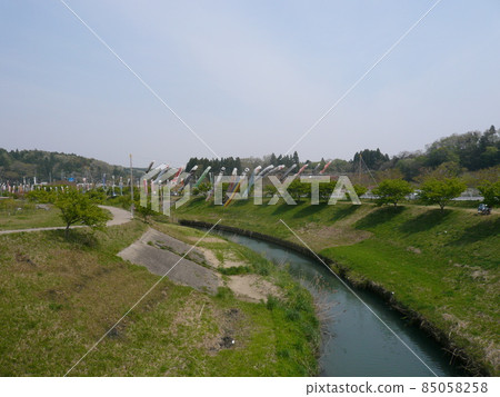 千葉縣市原市北部瀨田地區清澈的村田川上掛著鯉魚旗。 千葉縣市原市北部瀨田地區清澈的村田川上掛著鯉魚旗。 85058258