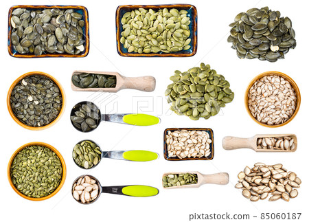 set of different pumpkin seeds cutout on white set of different pumpkin seeds cutout on white 85060187