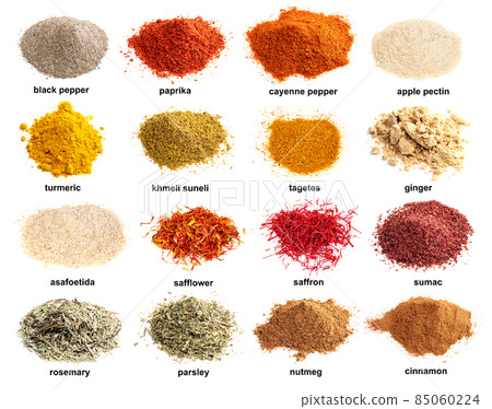 set of piles on powdered spices with names cutout 85060224