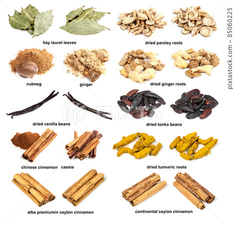 set of various dried flavorings with names cutout 85060225