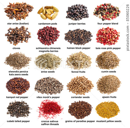 set of piles of various whole spices with names 85060226