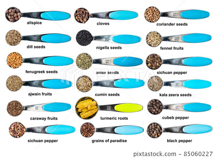 set of measuring teaspoons with spices with names 85060227