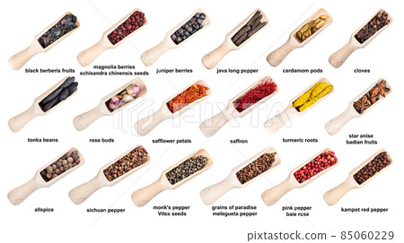 set of wooden scoop with various spices with names 85060229
